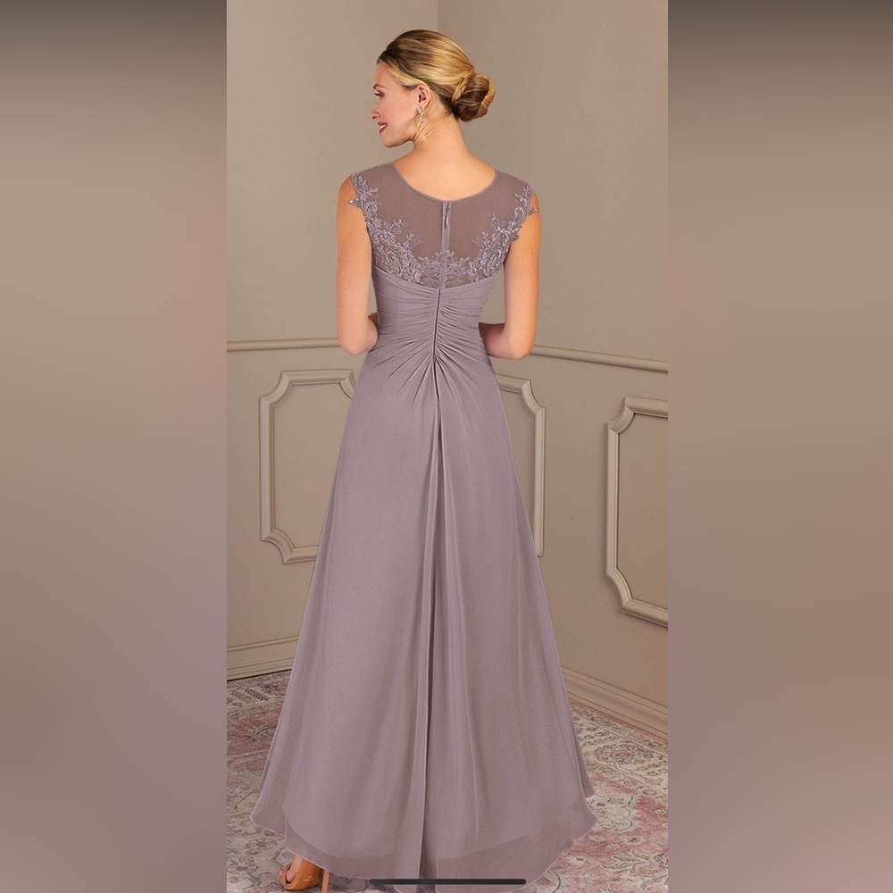 Azazie dress color is dusk(pic#1) lace bust gathered waist high/low hem lined - Picture 3 of 16